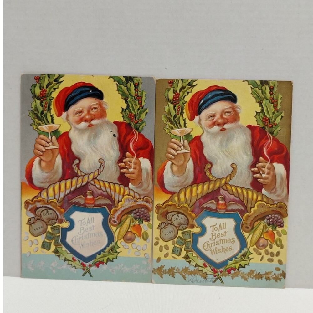 Antique Christmas Postcards Santa Claus Having a Drink and Smoking a Cigar 2 pcs
